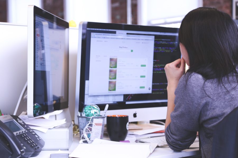 girl at desk with software