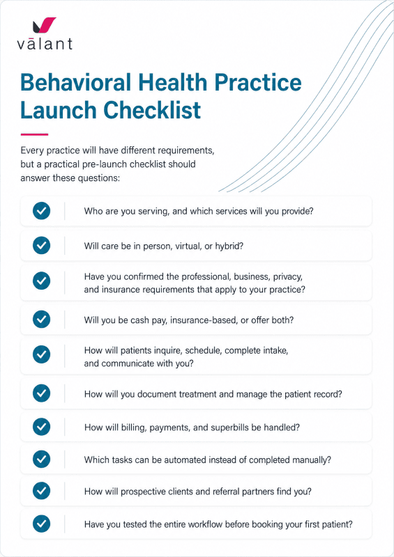 Valant Behavioral Health Practice Launch Checklist covering business planning, care delivery, compliance, payment models, intake, documentation, billing, automation, marketing, and workflow testing before seeing the first patient.